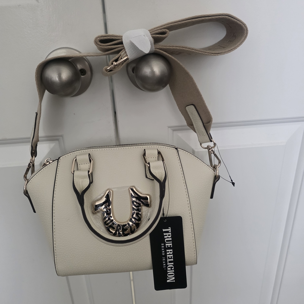 True Religion Ivory Crossbody Satchel with Gold & Black Logo NWT